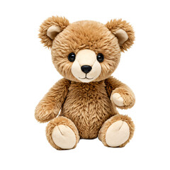 Obraz premium A charming, light brown teddy bear with a white face and black nose sits upright on a white surface, its arms and legs spread out, inviting the viewer to interact with it