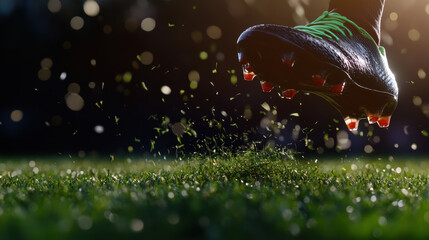 close up of football cleats kicking up grass on field, showcasing action and energy