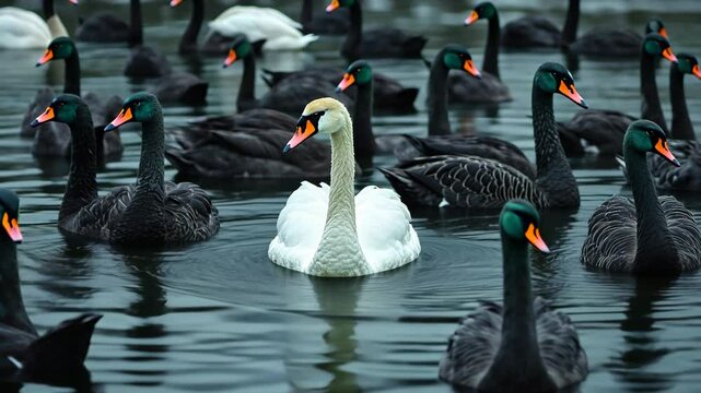 A white swan swimming amidst a group of black swans. The shot is cinematic and wide in scope.