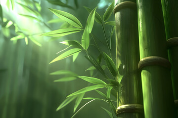 Fototapeta premium Lush green bamboo forest bathed in sunlight, showcasing vibrant leaves and textured stalks. Ideal for serenity, nature, and Asian themes.
