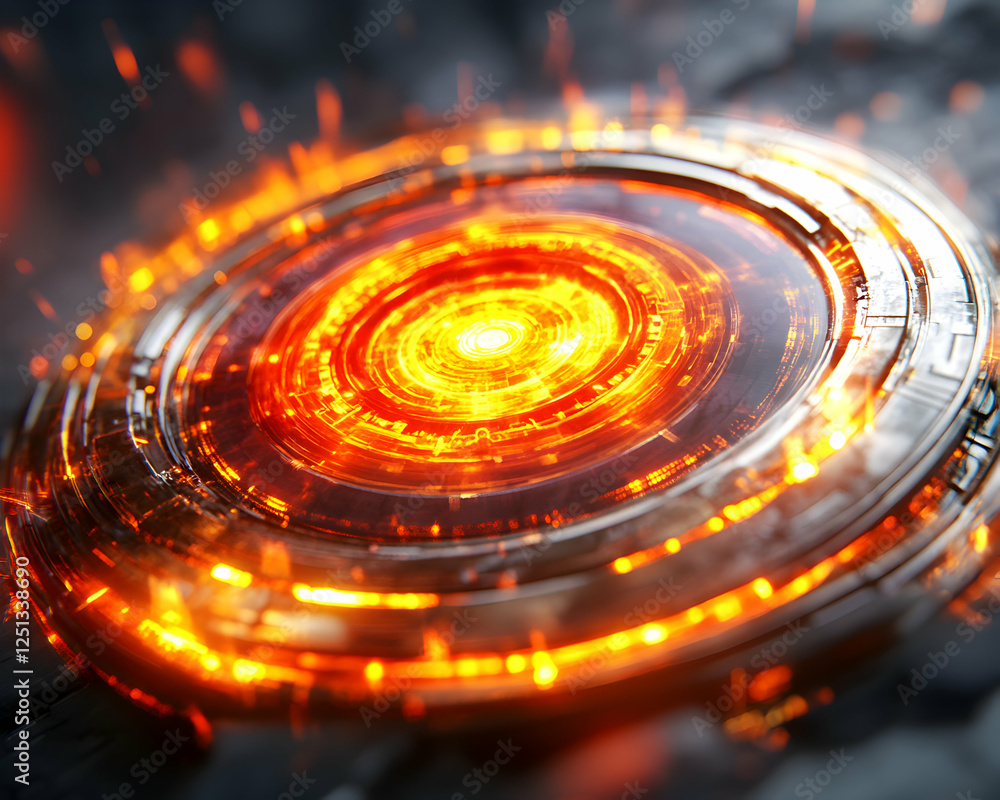Aufkleber fiery futuristic technology interface; glowing circular digital hud. abstract energy core concept.