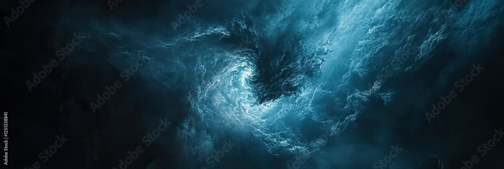 Poster an abstract representation of a swirling vortex with glowing blue energy and deep darkness at the ce