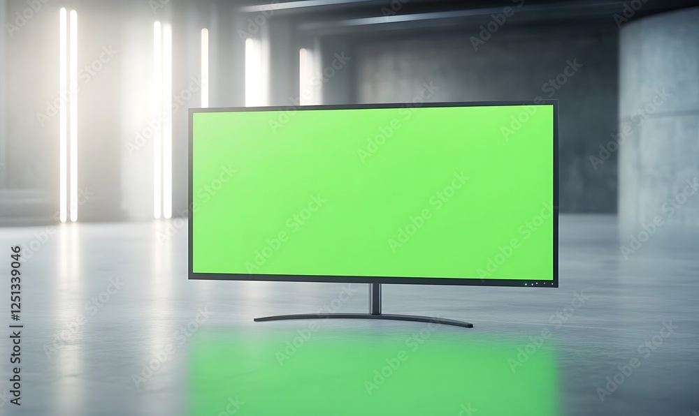 Poster A futuristic widescreen monitor displaying a green screen, ideal for tech and design projects.