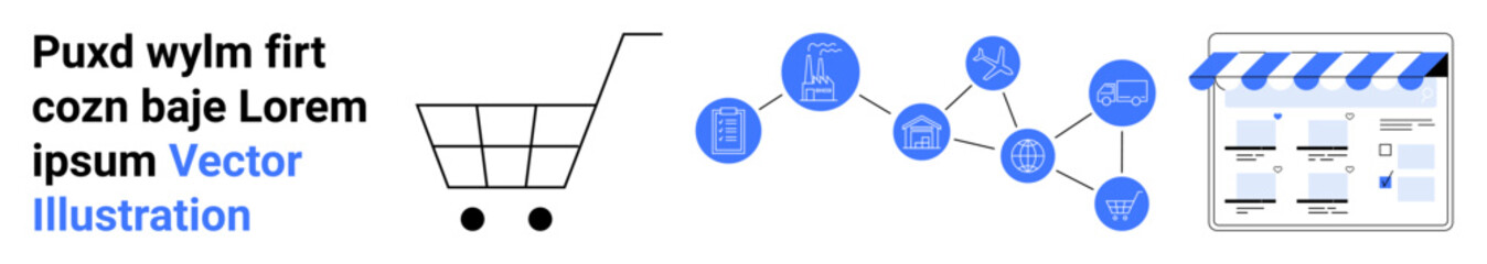 Shopping cart icon, network with interconnected nodes, and stylized online storefront window. Ideal for e-commerce, virtual shopping, digital marketing, online business, technology networks, web