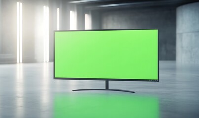 Fototapeta premium A futuristic widescreen monitor displaying a green screen, ideal for tech and design projects.