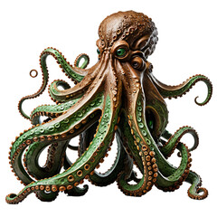 A 3D rendering of a large, brown octopus with green eyes and intricate details, surrounded by smaller, circular patterns, is the central focus of the image, set against a white background