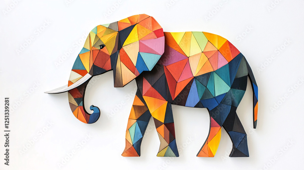 Poster a polygonal elephant artwork featuring vibrant multicolored triangular patterns with a modern artist