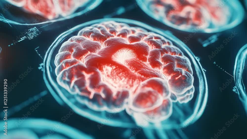 Poster Vibrant medical animation illustrating pulsating neural networks, revealing dynamic brain activity through luminescent red visualization during comprehensive neurological diagnostic scanning