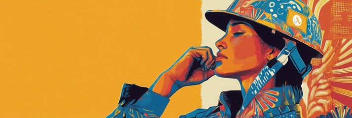 A thoughtful woman in a colorful helmet gazes pensively, embodying strength and resilience in a vibrant artistic style.