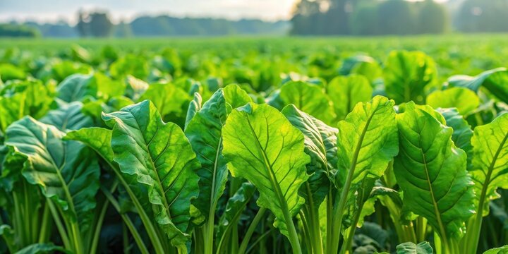 Close-up of vibrant green sugar beet leaves and stems growing in a lush, green field with tall grasses surrounding them