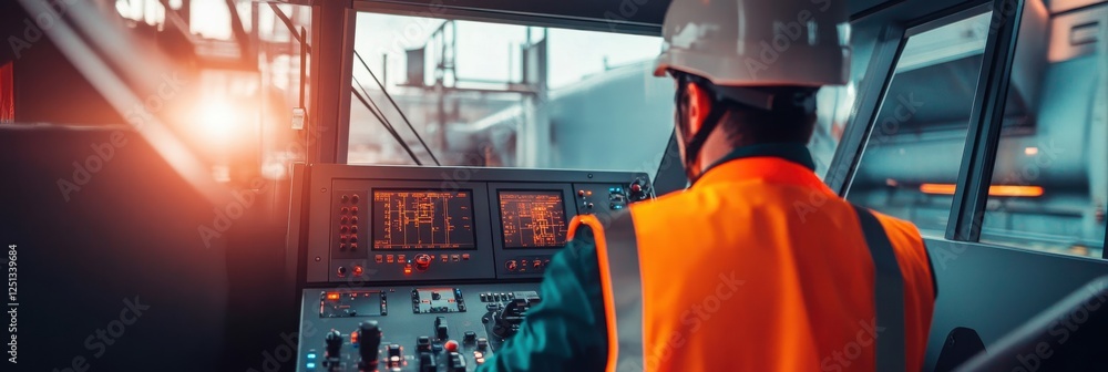Poster a worker in a safety vest and helmet operates machinery in a control room, illuminated by ambient li