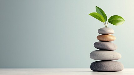 Balancing nature stacked stones with fresh leaves tranquil setting artistic photography minimalist environment close-up perspective symbolizing growth and harmony