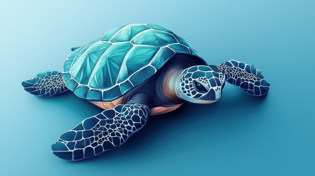 A vibrant, stylized turtle glides gracefully through a serene, blue background, showcasing its intricate shell patterns and vivid color.