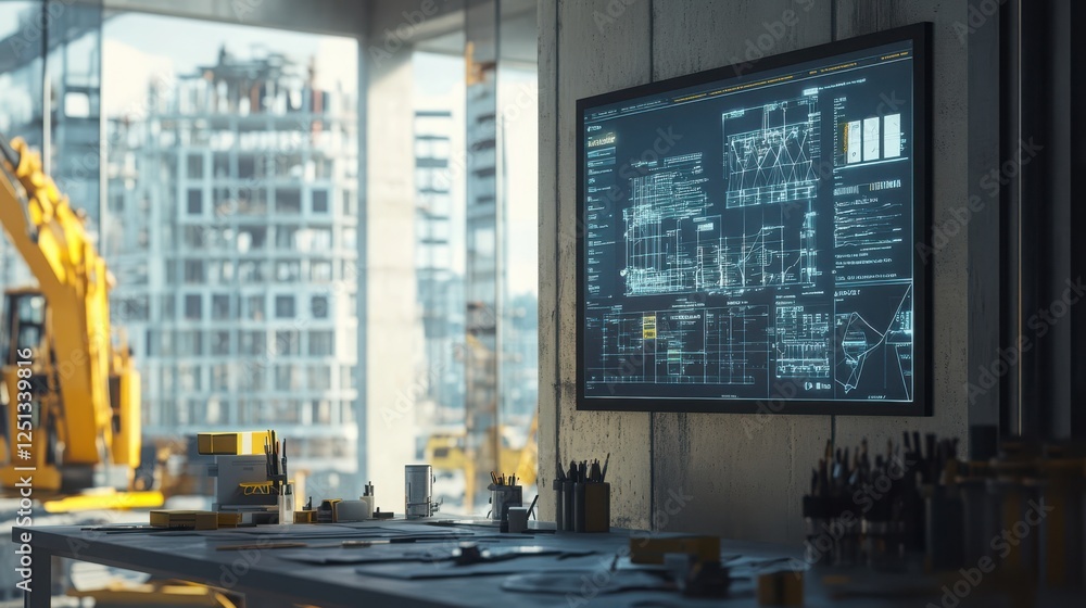 Aufkleber a modern workspace featuring a large screen displaying digital data, overlooking a construction site