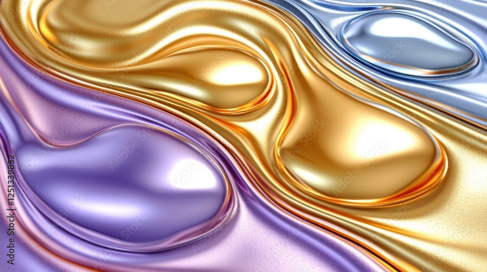 Poster close up of iridescent liquid waves with smooth holographic reflection and abstract patterns