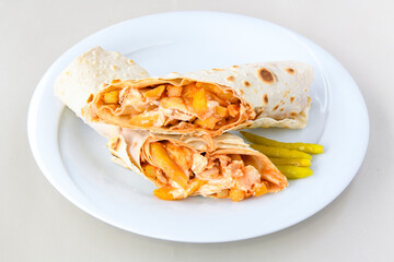 Lavash zurna doner kebab ( zurna  durum )  or shawarma sliced in plate isolated.  hatay usulu tavuk...