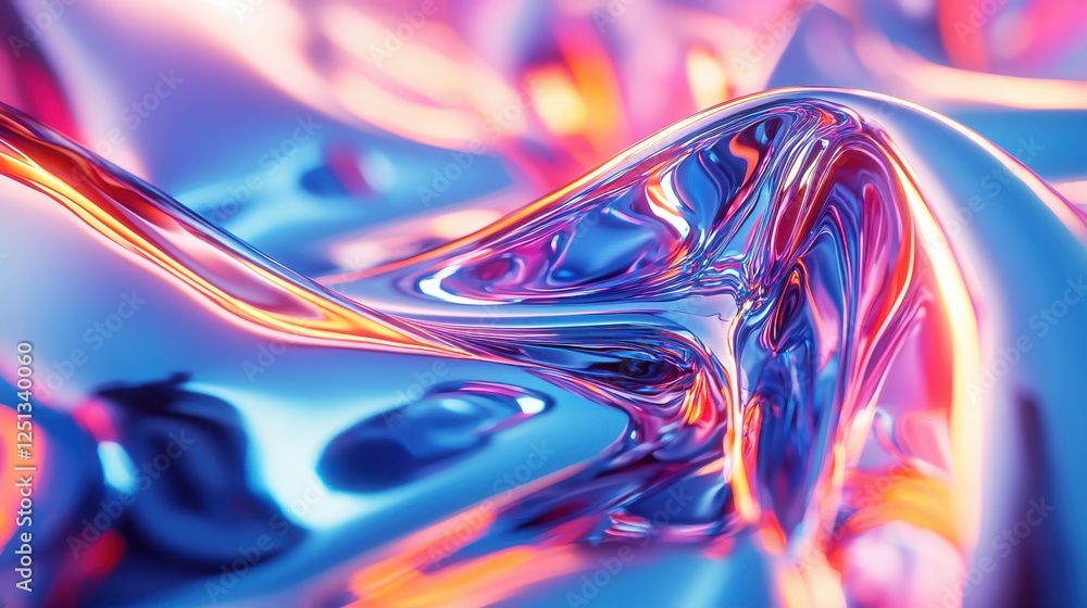 Poster close up of colorful liquid with abstract metallic waves and reflective sheen in background