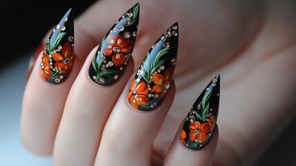Floral Nail Art on Long Stiletto Nails with Hand-Painted Flowers