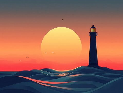 A serene sunset scene featuring a lighthouse silhouetted against vibrant waves and a large sun.