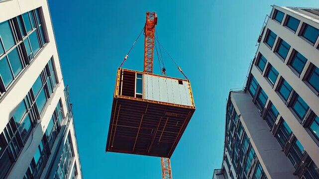 Crane lifting prefabricated house amidst city buildings