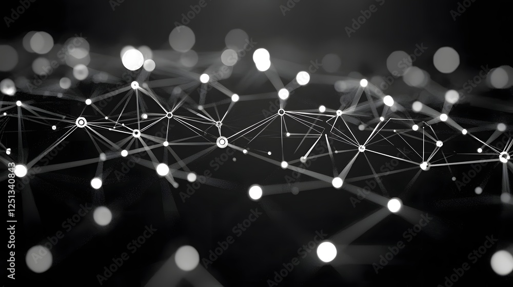 Poster interconnected digital nodes forming geometric network system representing complex data connections 
