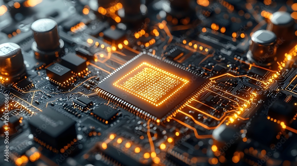 Poster high tech digital concept for advanced system architecture with glowing connections and components c