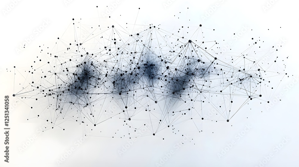 Poster intricate geometric network visualization depicting a complex web of interconnected digital nodes an