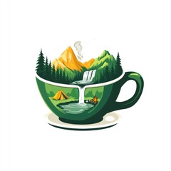 Mountain landscape scenery inside a green teacup