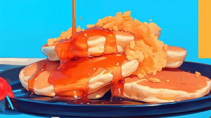 A vibrant plate of pancakes topped with syrup and crispy toppings, set against a bright, colorful background, evoking a sense of deliciousness and fun.
