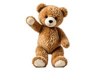 A charming, brown teddy bear with white paws and a black nose sits upright on its hind legs, waving with its left arm, against a white background, creating a charming and tranquil scene