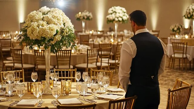 Elegant banquet hall, waiter at the ready, wedding reception, flowers, light ambiance