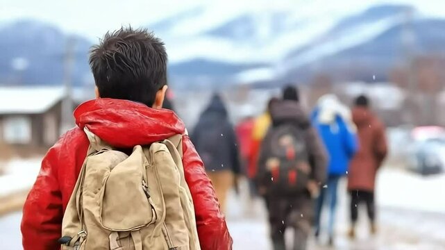 Asian Boy Walking Away From the Camera in Winter