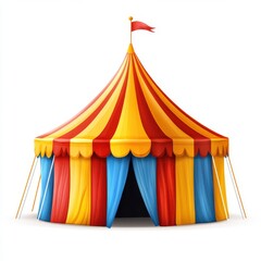 Vibrant Circus Tent with Colorful Red and Yellow Stripes, Flag on Top, Round Entrance, Ideal for Family Fun, Entertainment, and Festival Atmosphere