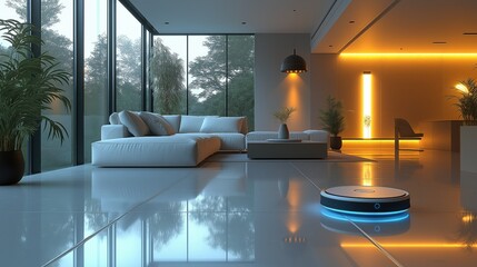 Smart Home Living Room with Robot Vacuum Cleaner in Evening Light