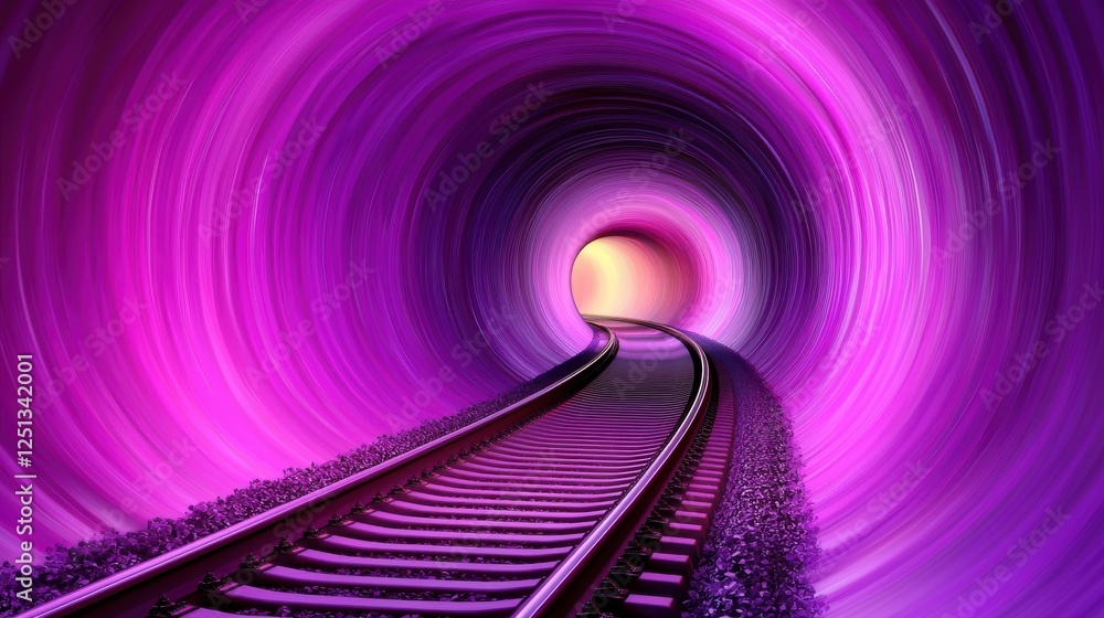 Poster train track entering a tunnel with dynamic motion blur and speed trails in a futuristic setting