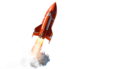 A red rocket with a white stripe and a silver nose soars through a white sky, leaving a trail of orange and white smoke, while a smaller orange rocket is visible in the background