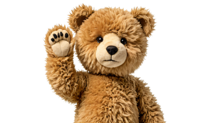 A light brown teddy bear with fluffy fur, raised paw, and black nose and eyes, is the central focus of the image, set against a white background