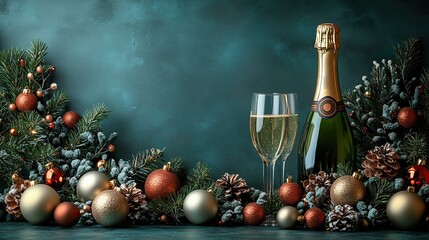 A festive setup featuring a champagne bottle, glasses, and Christmas ornaments on a green background, evoking a New Year celebration mood filled with cheer and togetherness.