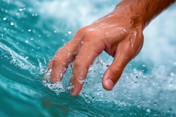 Fototapeta premium Hand Reaching into Clear Turquoise Water with Splashes and Drops