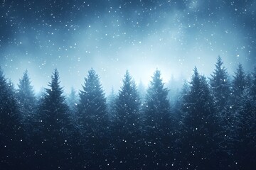 Enchanting Winter Forest Scene with Falling Snowflakes and Misty Blue Hues in a Peaceful Setting