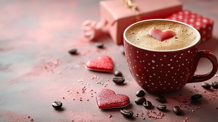 A festive Valentine's Day scene with heart-themed gifts and a red coffee cup on a pink backdrop, creating a romantic atmosphere filled with love, warmth, and thoughtful gestures.