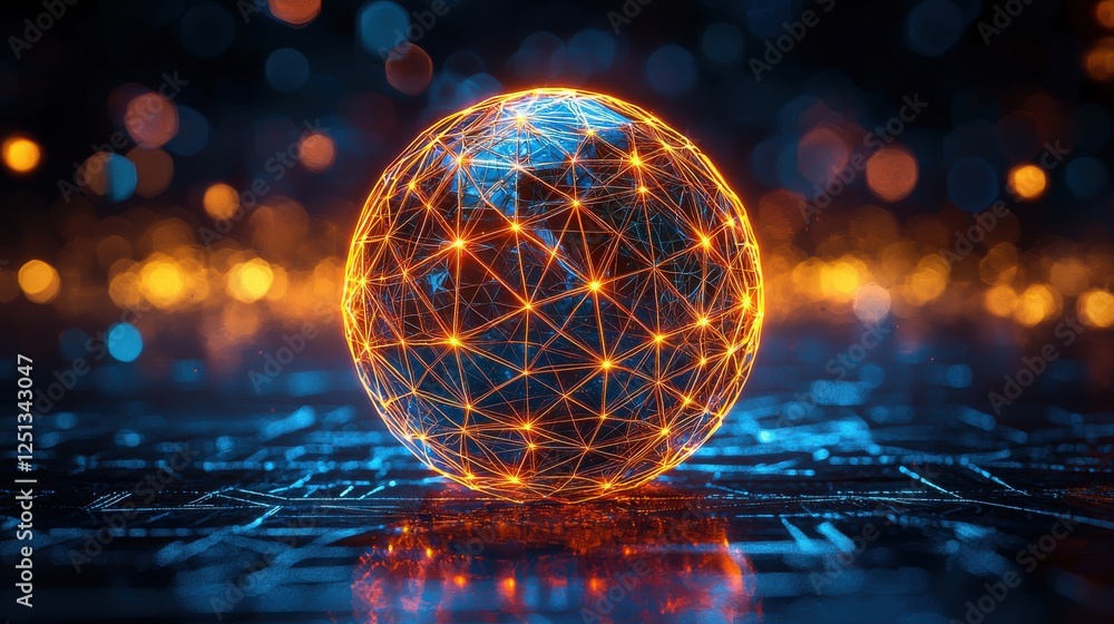 Poster futuristic geometric sphere with glowing neon wireframe network pattern design on dark background