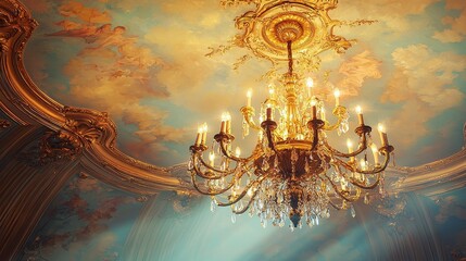 Obraz premium A stunning chandelier hangs from a beautifully painted ceiling, illuminated by soft light, showcasing elegance and opulence.
