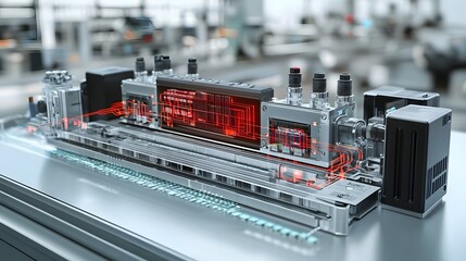 Futuristic digital interface with interconnected blocks and dynamic data transfer pathways representing the concept of modern technology innovation and intelligence  The image showcases a sleek