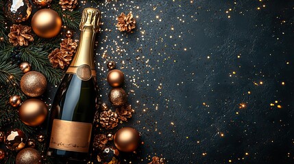 New Year composition featuring golden numbers, a champagne bottle, and ornaments against a dark background, ideal for celebration, party, and festive themes, evoking luxury and excitement.