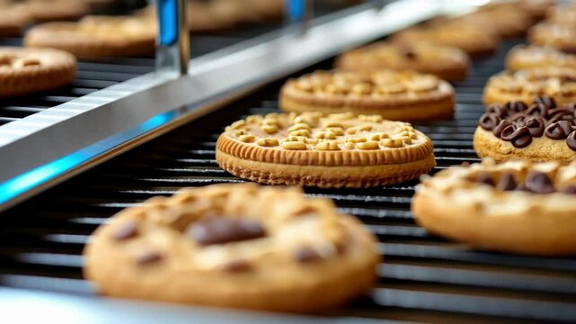 Freshly baked cookies with chocolate chips on cooling rack in a bakery