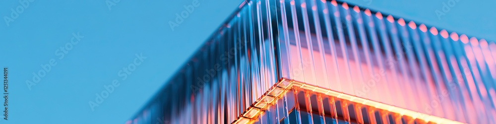 Wall mural Illuminated Ribbed Glass Structure Against Blue Sky