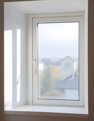 Naklejka premium closed pvc window in room at apartment, Diffused lighting. with white shades