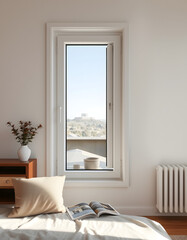 closed pvc window in room at apartment, magazine photoshoot. with white shades