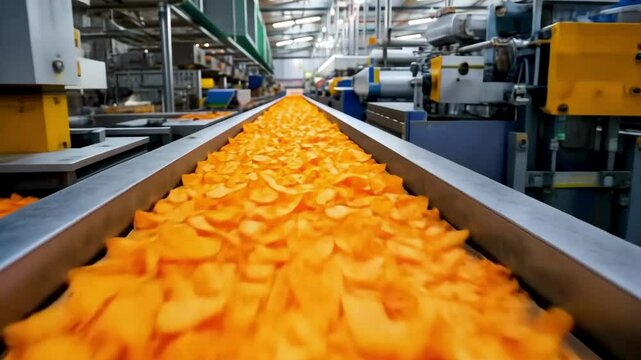Potato chips on production line in modern industrial factory